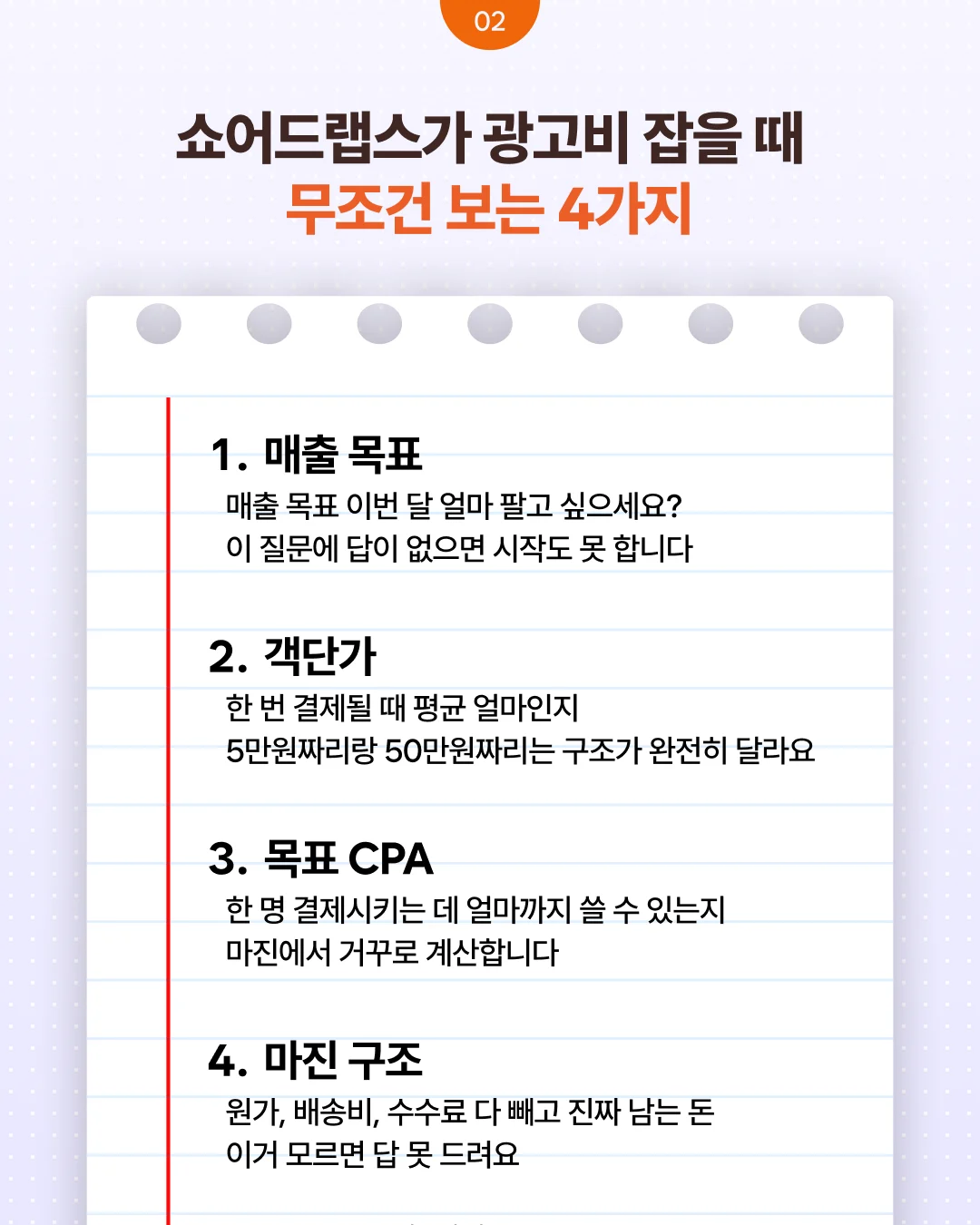 광고비를 잡을 때 보는 매출 목표, 객단가, 목표 CPA, 마진 구조 네 가지를 메모지 형태로 정리한 카드