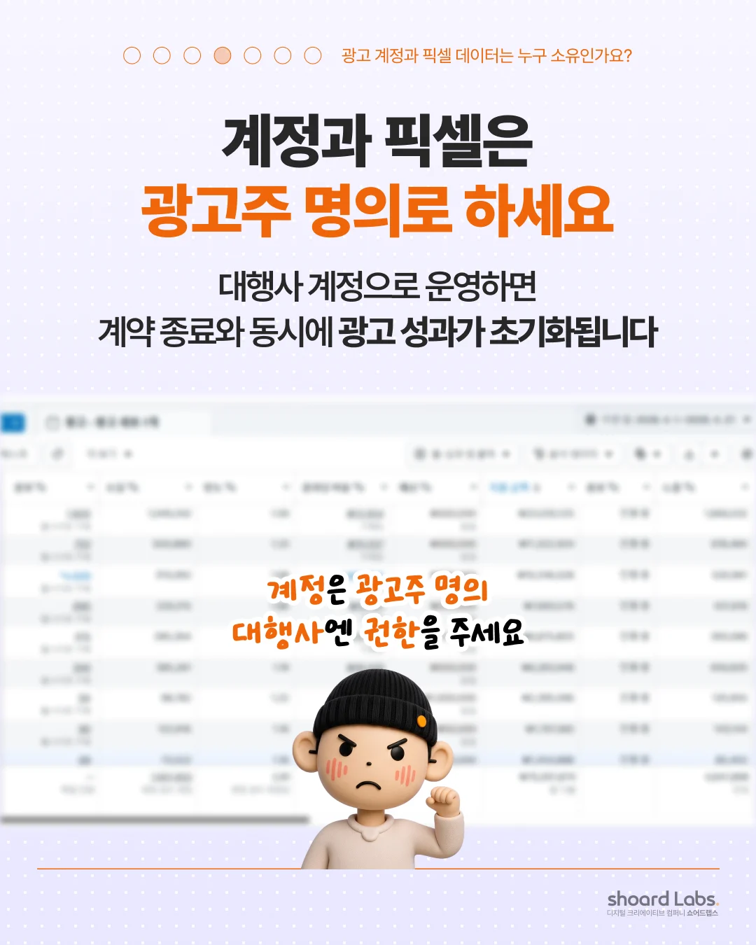 대행사 계정으로 운영하면 계약 종료와 함께 광고 성과가 초기화된다는 내용의 계정·픽셀 명의 안내 카드