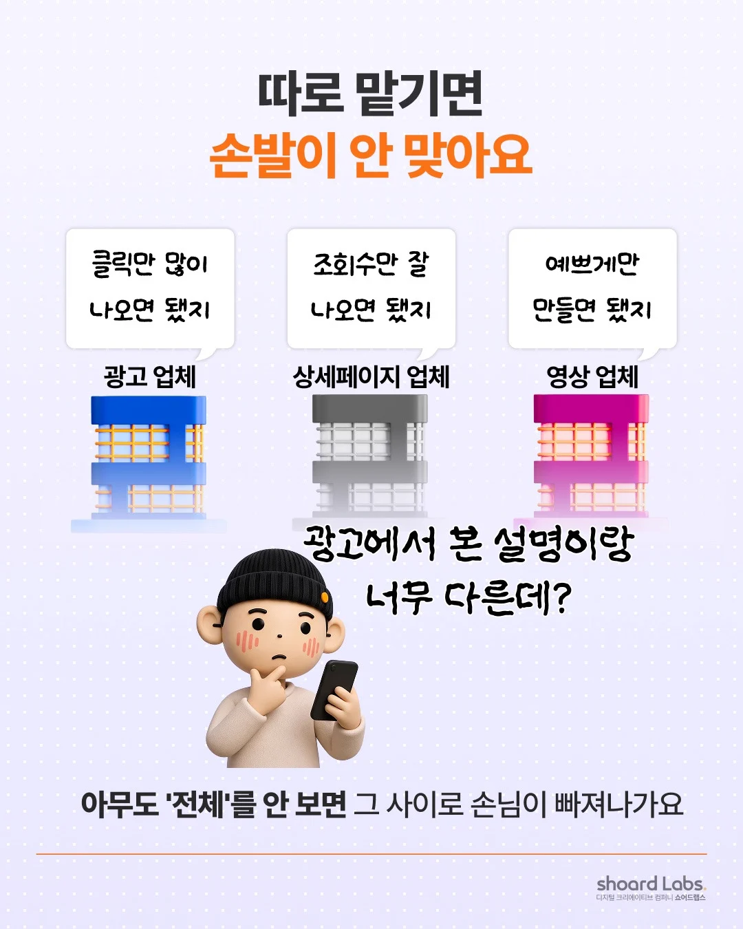 광고, 영상, 상세페이지를 각각 다른 업체에 맡겨 서로 메시지가 맞지 않는 상황을 표현한 일러스트